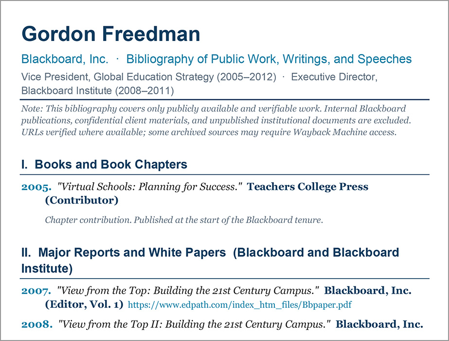 Gordon Freedman, Blackboard Institute - Bibliography